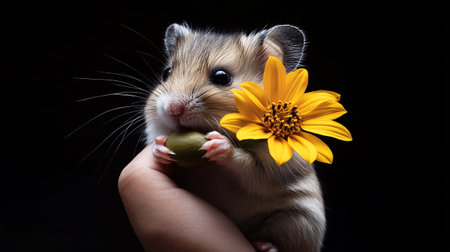Hamster with a yellow flower in his hand on a black backgroundの写真素材