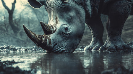 White rhinoceros in the river. Wildlife scene from Africa.の写真素材