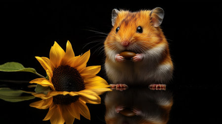 Hamster with sunflower on a black background. Studio shot.の写真素材