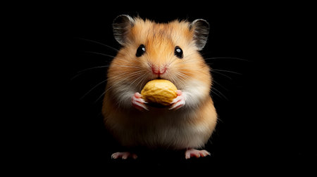 Hamster with walnut isolated on a black background. Studio shot.の写真素材