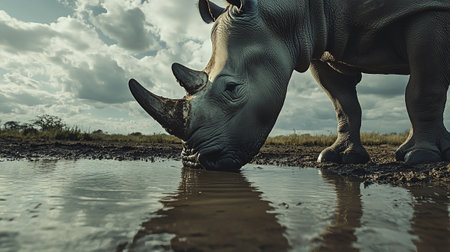 White rhinoceros (Ceratotherium simum) in the waterの写真素材
