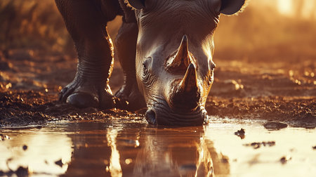 White rhinoceros drinking water in the Okavango Delta, Botswana.の写真素材