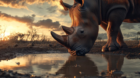 White rhinoceros drinking water in Okavango Delta, Botswanaの写真素材