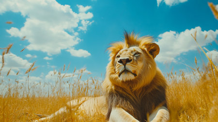 Lion sitting in the field of golden grass under blue sky.の写真素材