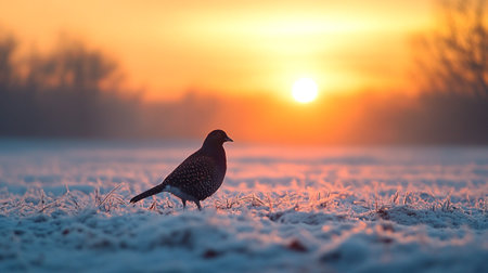 Silhouette of a bird on a snowy field at sunrise.の写真素材