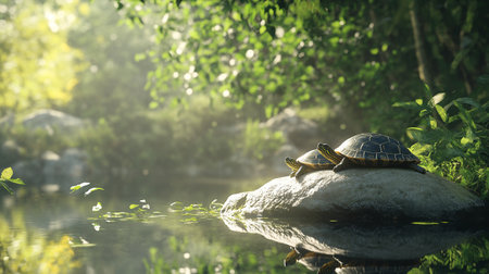 Turtles in the park on the stone in the sun, soft focusの写真素材