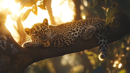 Leopard sleeping on a tree in the morning light, South Africaの写真素材
