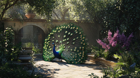 Peacock in the garden of an old villa in Italyの写真素材