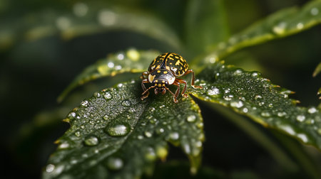 Close-up of a ladybug on a green leaf with raindropsの写真素材