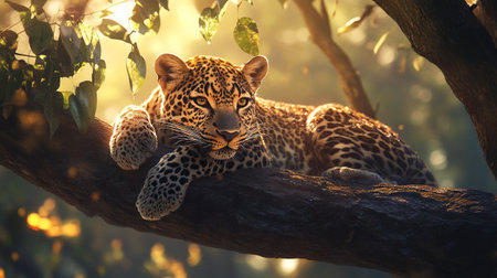 Leopard lying on a tree branch in the morning sun light.の写真素材