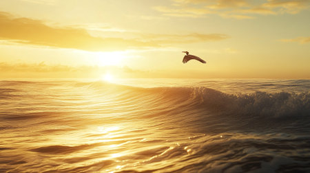 Seagull flying over the sea at sunset, 3d renderの写真素材