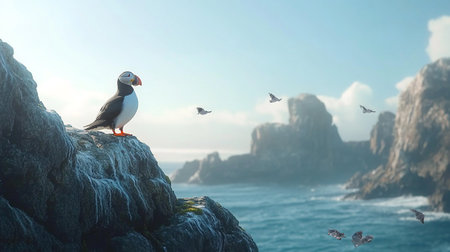 Puffin sitting on rock with seagulls flying aroundの写真素材