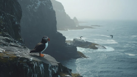 Atlantic Puffin (Fratercula arctica) standing on a rock by the Atlantic Ocean, Icelandの写真素材
