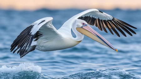 Great White Pelican (Pelecanus onocrotalus) in flightの写真素材