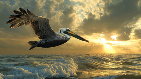 Pelican flying over the sea at sunset. 3d renderの写真素材