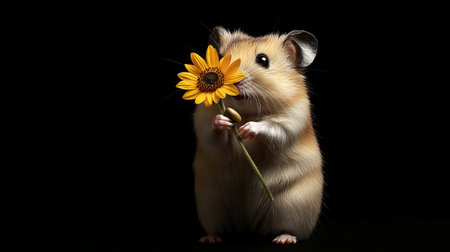 Hamster with a flower on a black background. Studio photography.の写真素材