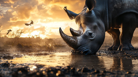 White rhinoceros (Ceratotherium simum) drinking water at sunsetの写真素材