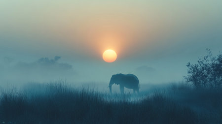 Elephant in a foggy meadow at sunrise, panoramaの写真素材