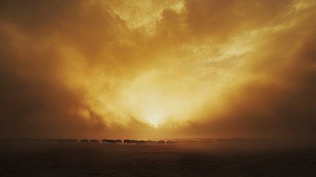 Sunset over the field with herd of horses in the fog.の写真素材