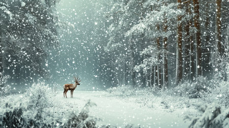 Deer in winter forest with snowfall. 3D Renderingの写真素材