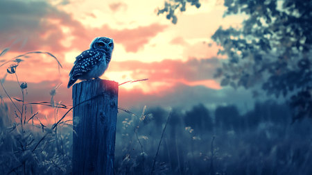 Beautiful owl sitting on a wooden post in the meadow at sunsetの写真素材