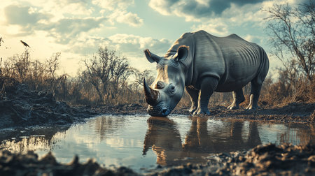 White rhinoceros at a waterhole in the Kruger National Park, South Africa.の写真素材