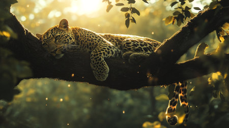 leopard lying on tree in the forest at sunset, nature backgroundの写真素材