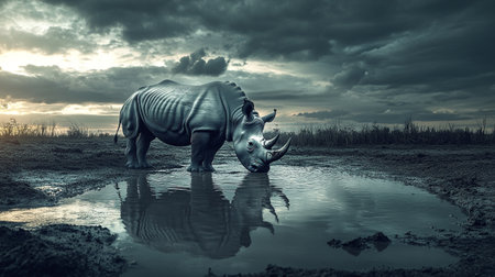 Rhino with dramatic sky, Black and whiteの写真素材
