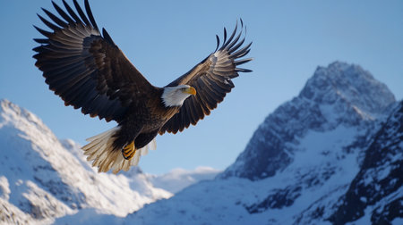 Adult Bald Eagle in flight against the background of snow-capped mountainsの素材