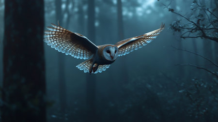 Tawny owl flying in the misty forest, 3d renderの写真素材