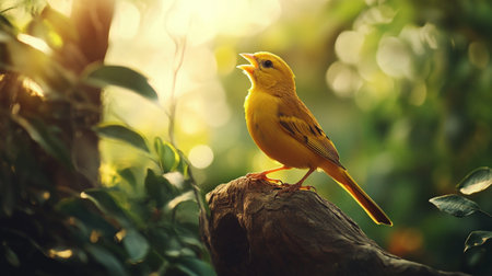 Yellow canary bird on the tree in the forest at sunset.の素材