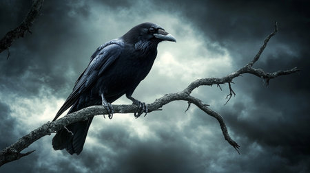 Crow sitting on a branch in a stormy sky. 3d renderingの素材