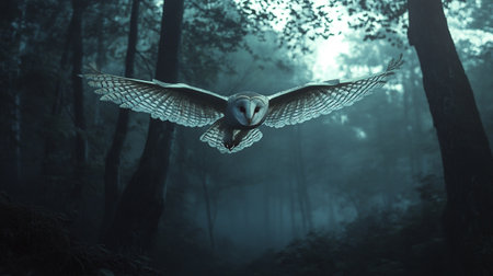 Barn Owl flying in the misty forest. 3D Renderingの写真素材