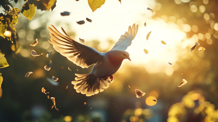 Flying white dove on the background of autumn leaves in the rays of the setting sunの写真素材