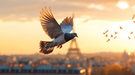 A pigeon flying in front of the Eiffel tower at sunsetの写真素材