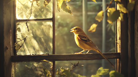 Yellow bird sitting on a window sill in the garden at sunset.の写真素材