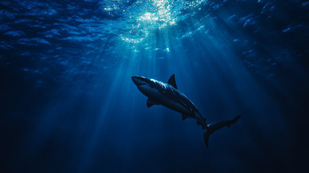 Great White Shark (Carcharodon carcharias) swimming in blue waterの写真素材