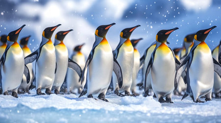 Group of king penguins standing on the ice and looking at cameraの写真素材