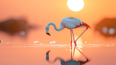 Flamingo in the sunset with reflection in water, Thailand.の写真素材