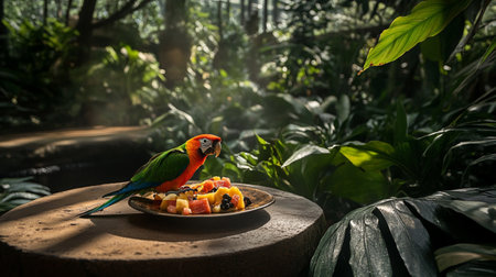 Parrot eating fruit in a bowl on a table in the gardenの写真素材