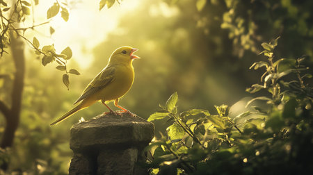 Yellow canary bird in the garden at sunset. Wildlife scene.の写真素材