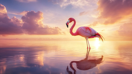 Pink flamingo at sunset with reflection in water. 3d renderの写真素材