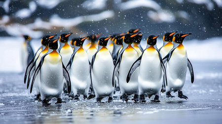some penguins walking around and looking for foodの素材