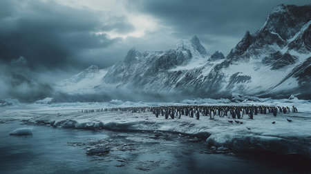 Panoramic view of penguins on the ice floe in Antarcticaの写真素材