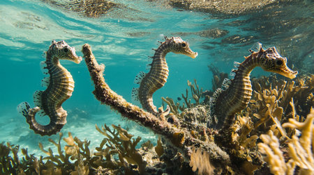 Underwater view of seahorse at the bottom of tropical coral reefの写真素材
