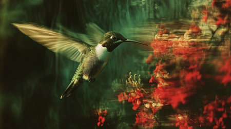 Hummingbird in flight over a bush with berries. Toned.の写真素材