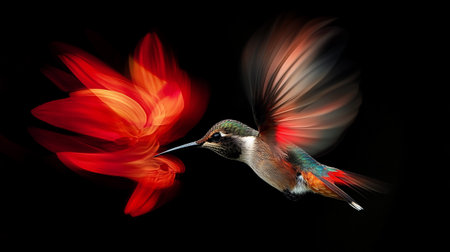 Hummingbird in flight with red flower on black background. Collage.の写真素材