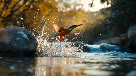 Kingfisher flying over the river and taking off from water.の写真素材