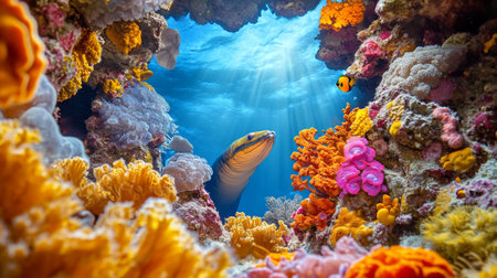 Underwater view of a tropical coral reef with a giant moray fishの写真素材
