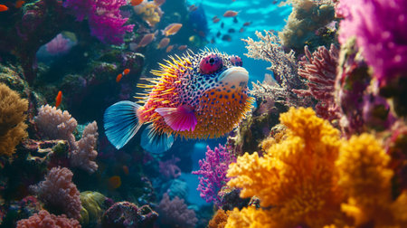 Underwater view of a colorful tropical coral reef with a fish.の写真素材